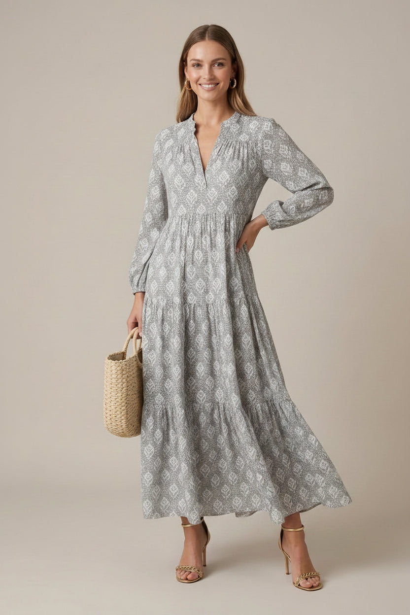 Effortless Printed Maxi Dress for Women with V-Neck Long Sleeve Tiered Flowy Style