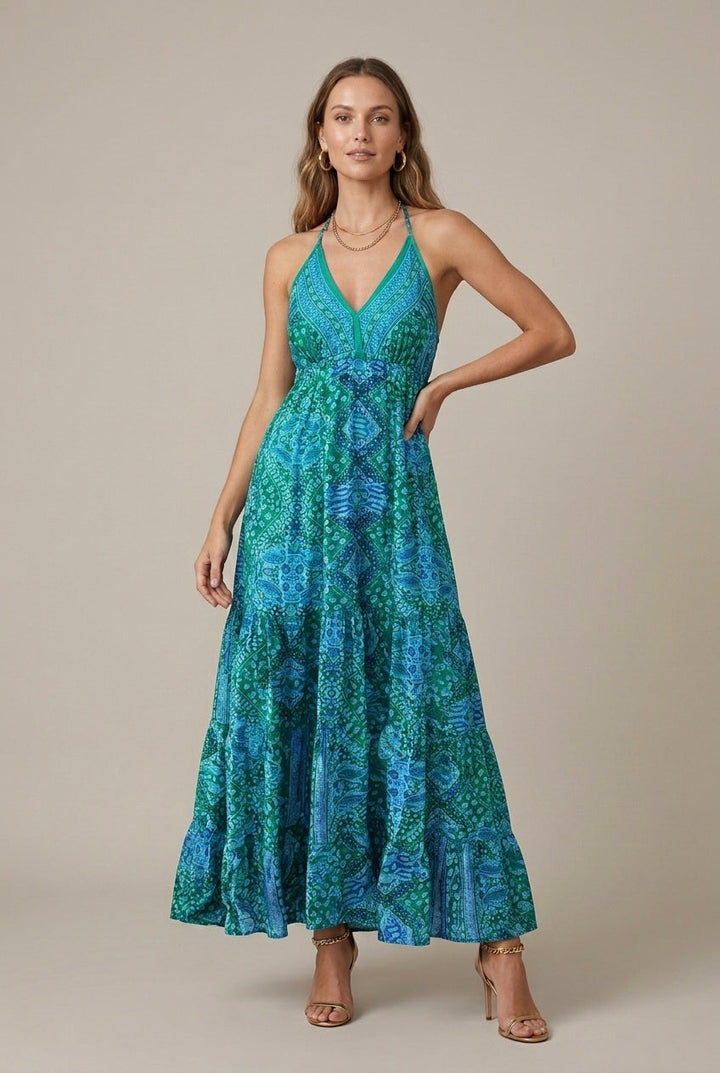 Effortless Printed Maxi Dress for Women with Halter Neck Tiered Flowy Boho Style