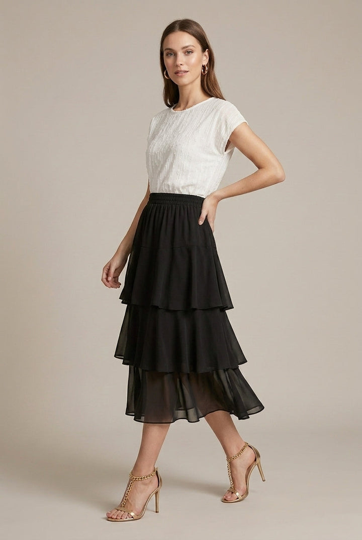 Effortless Polka Dot Midi Skirt for Women with High Waist Ruffle Tiered Flowy Style