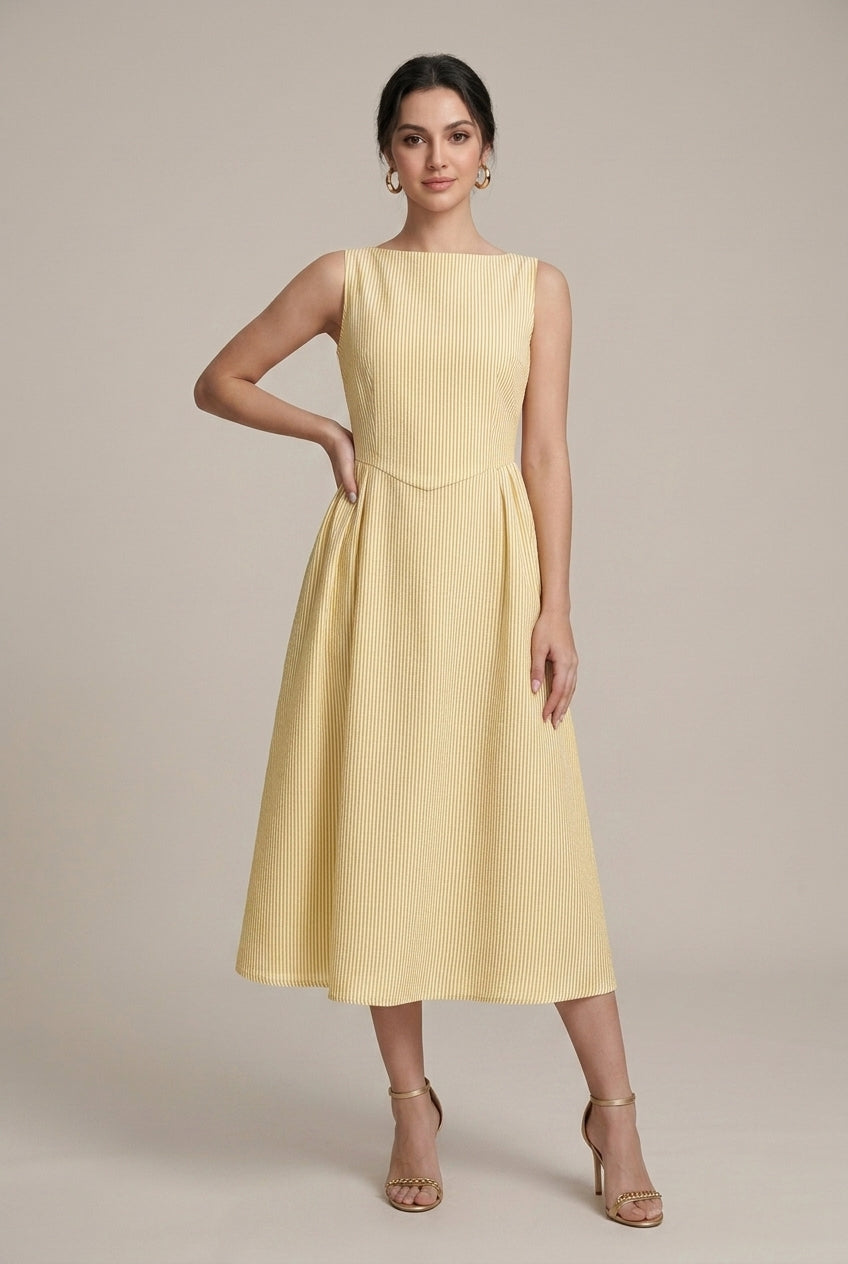 Elegant A Line Midi Dress for Women with Round Neck Sleeveless Pleated Flowy Formal Wedding Guest Style