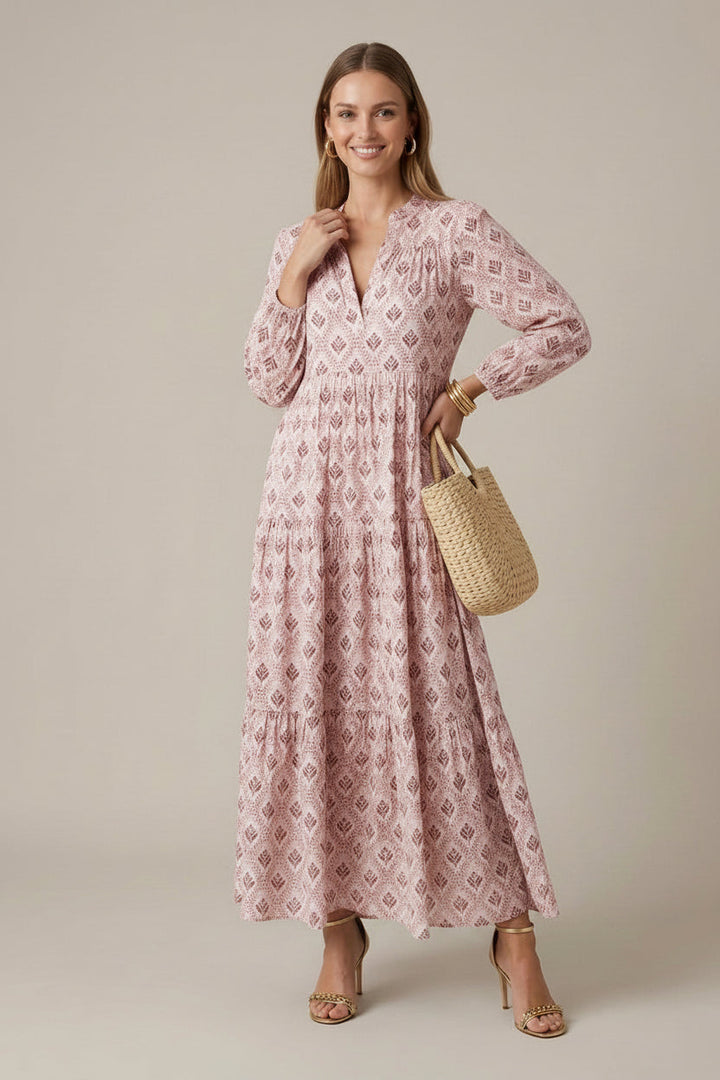 Effortless Printed Maxi Dress for Women with V-Neck Long Sleeve Tiered Flowy Style