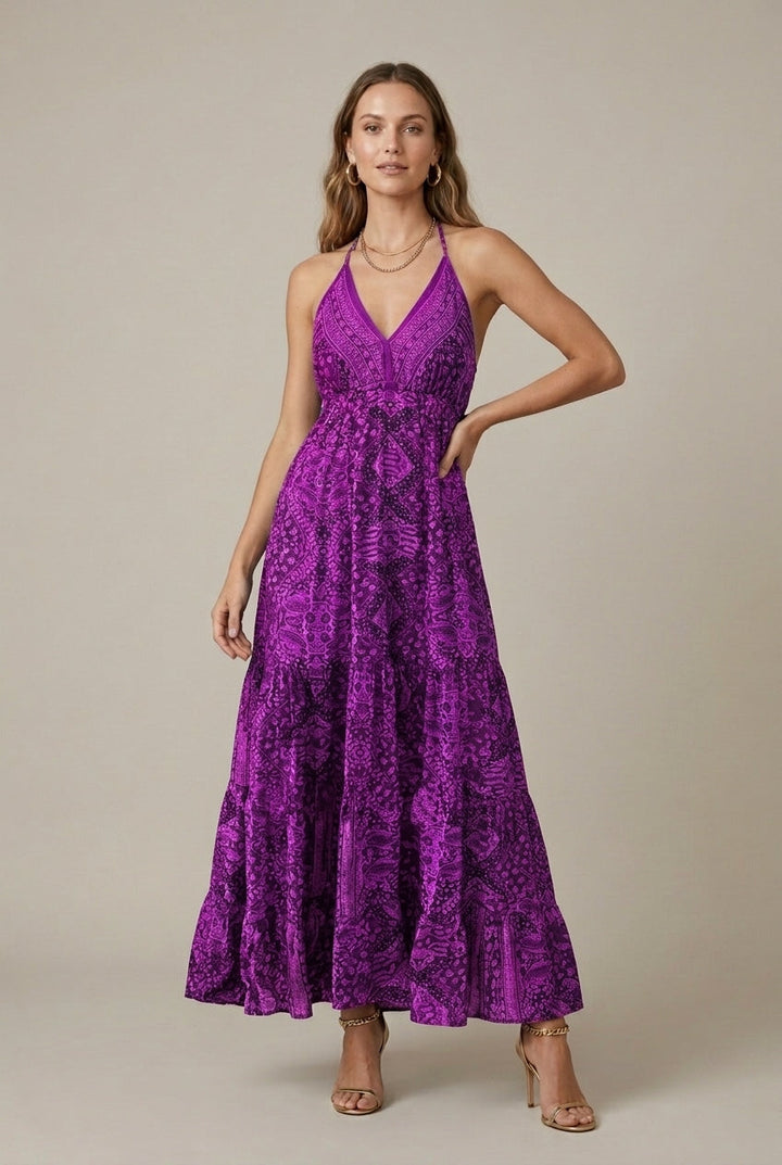 Effortless Printed Maxi Dress for Women with Halter Neck Tiered Flowy Boho Style