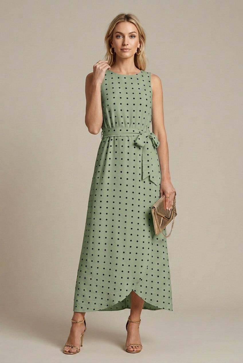 Elegant Polka Dot Maxi Dress for Women with Round Neck Sleeveless Tie Waist High Low Style