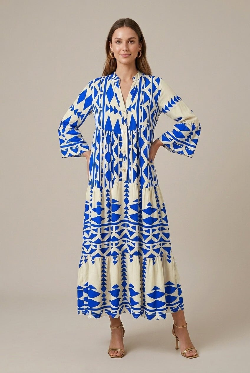 Effortless Printed Maxi Dress for Women with V-Neck Long Sleeve Tiered Flowy Boho Style