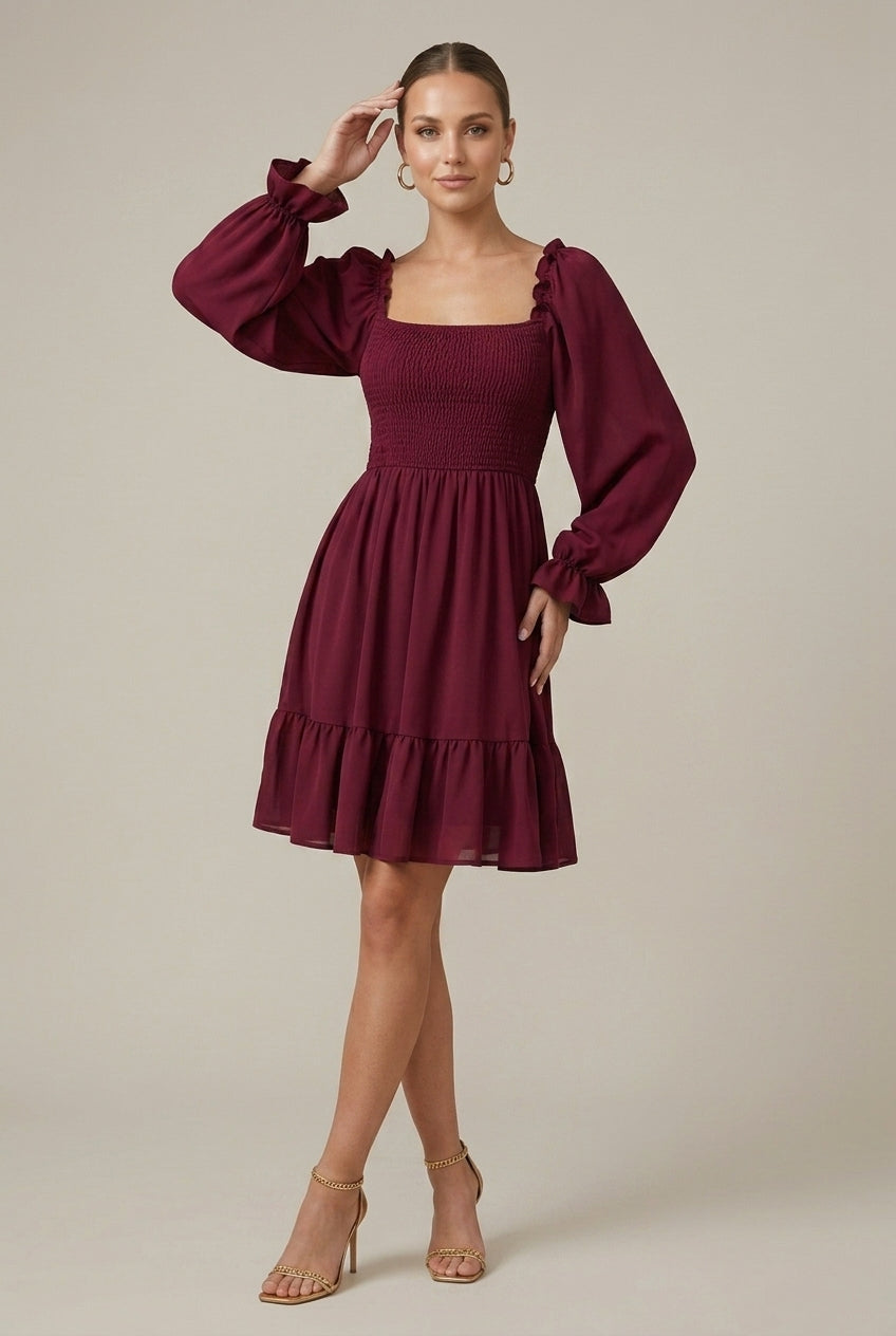Elegant Smocked Mini Dress for Women with Square Neck Puff Sleeve Tiered Flowy Style