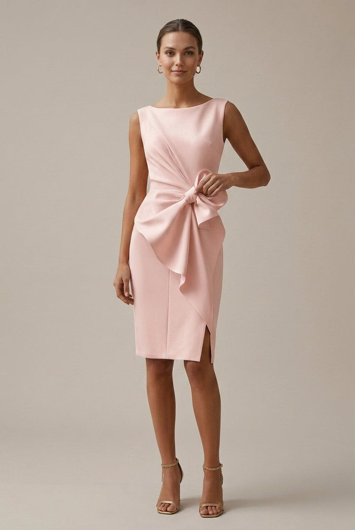 Elegant Satin Midi Dress for Women with Round Neck Sleeveless Bow Detail Formal Wedding Guest Style