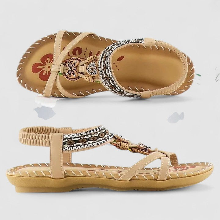 Aurora | Beaded Butterfly T Strap Elastic Back Flat Sandals