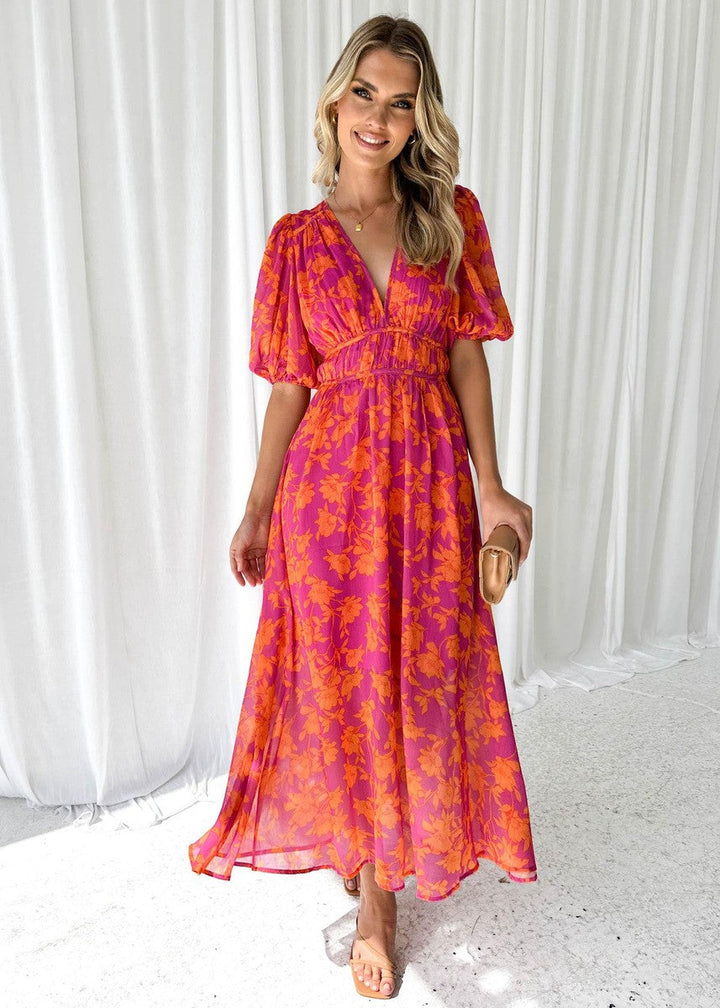 Odette | Orange Floral Print Puff Sleeve V Neck Formal Wedding Guest Maxi Dress