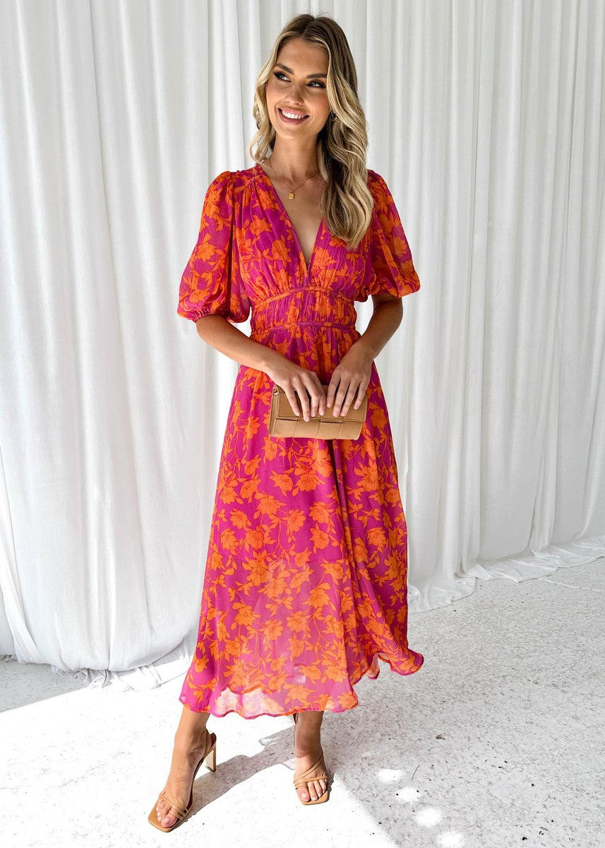 Odette | Orange Floral Print Puff Sleeve V Neck Formal Wedding Guest Maxi Dress