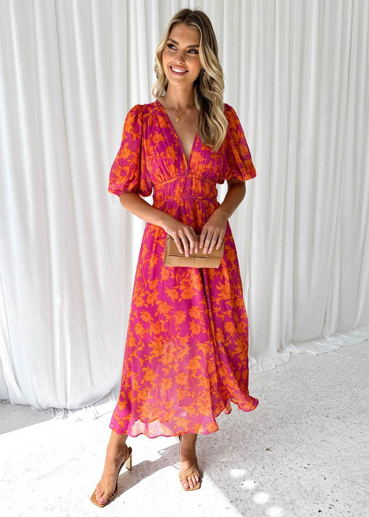 Odette | Orange Floral Print Puff Sleeve V Neck Formal Wedding Guest Maxi Dress
