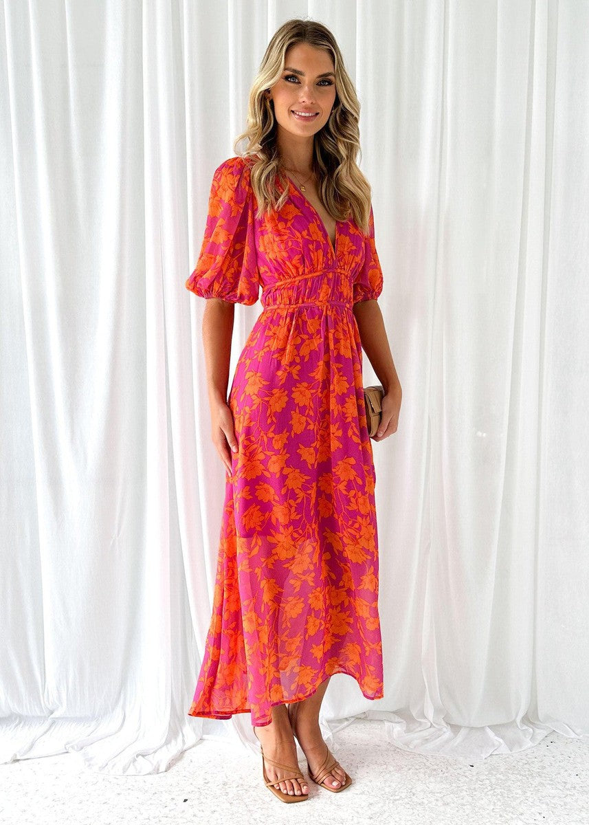 Odette | Orange Floral Print Puff Sleeve V Neck Formal Wedding Guest Maxi Dress