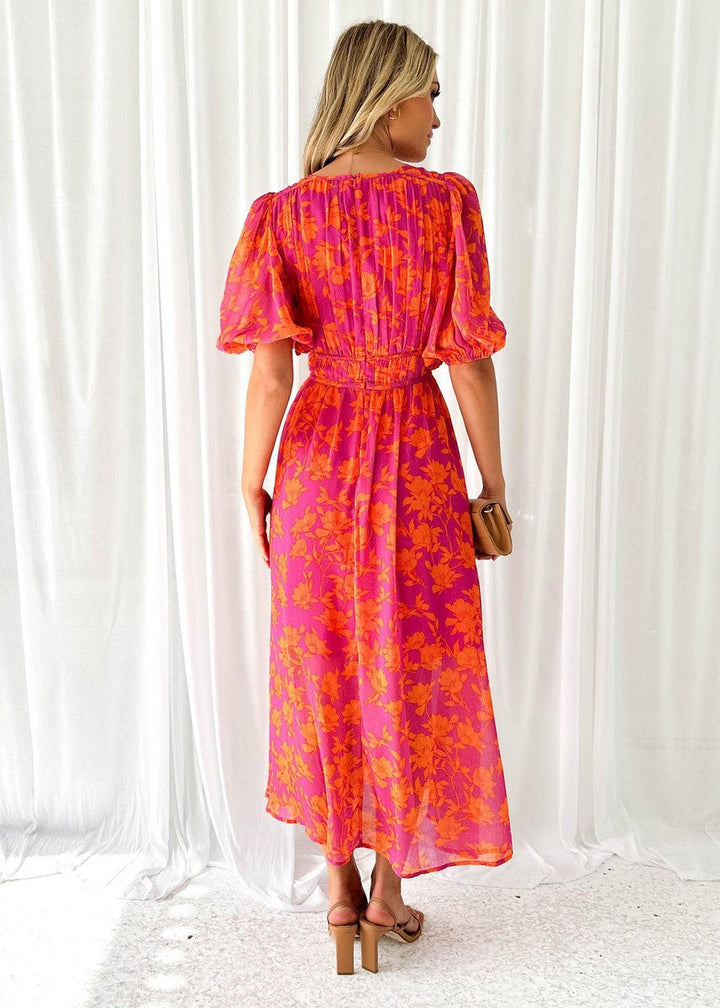 Odette | Orange Floral Print Puff Sleeve V Neck Formal Wedding Guest Maxi Dress