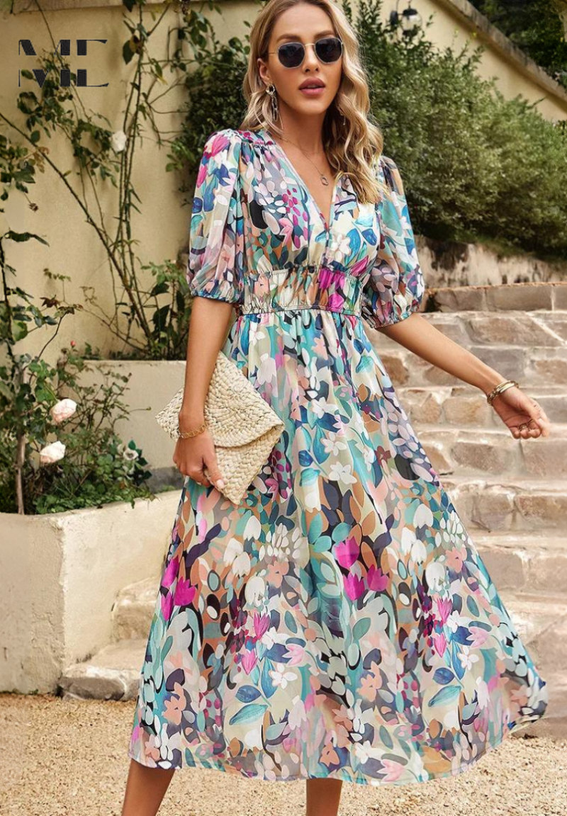 Simone | Floral Print V Neck Puff Sleeve Elastic Waist Formal Wedding Guest Midi Dress