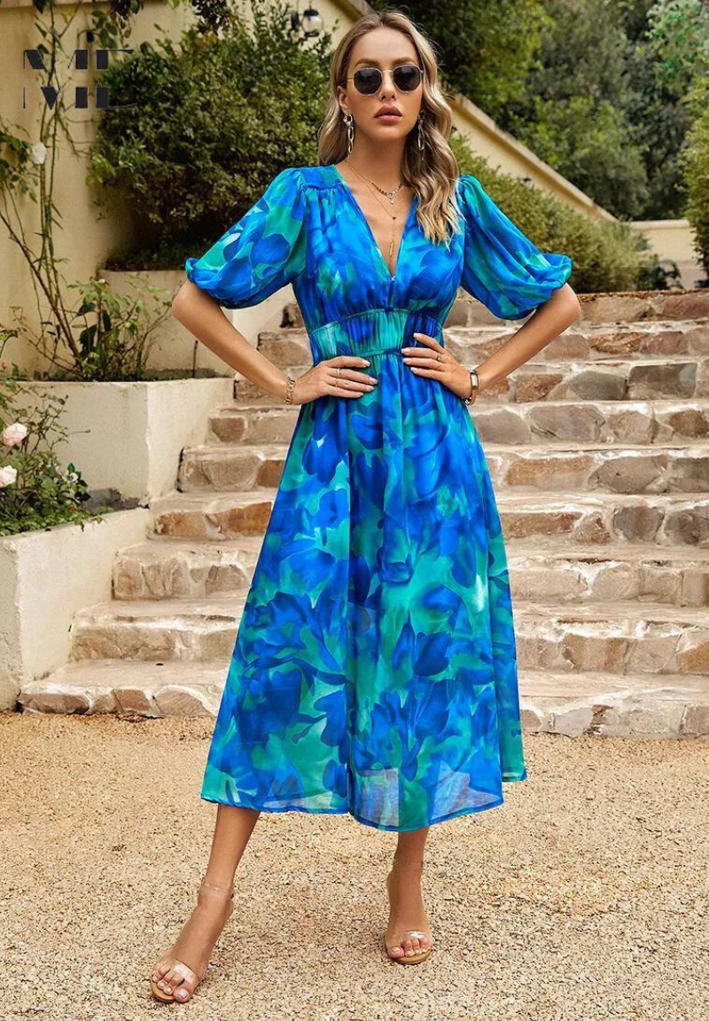 Simone | Floral Print V Neck Puff Sleeve Elastic Waist Formal Wedding Guest Midi Dress