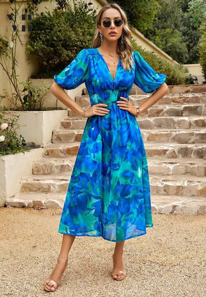 Simone | Floral Print V Neck Puff Sleeve Elastic Waist Formal Wedding Guest Midi Dress