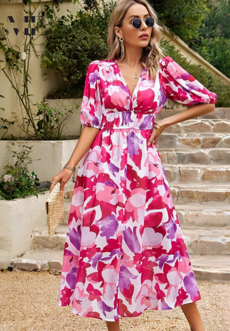Simone | Floral Print V Neck Puff Sleeve Elastic Waist Formal Wedding Guest Midi Dress