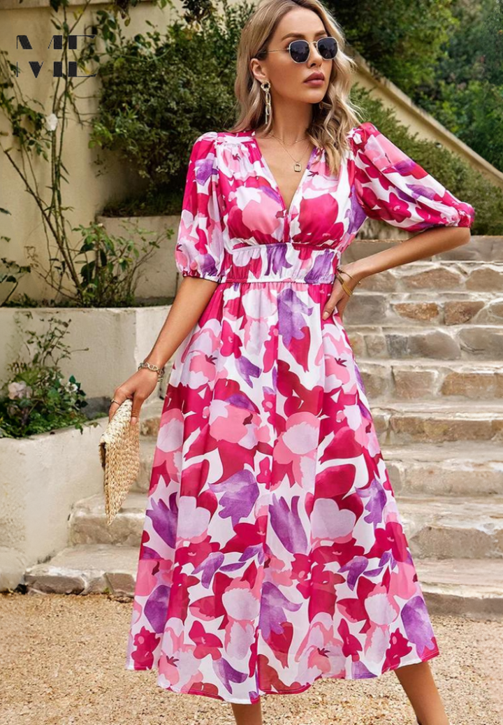 Simone | Floral Print V Neck Puff Sleeve Elastic Waist Formal Wedding Guest Midi Dress