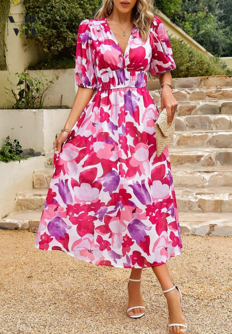 Simone | Floral Print V Neck Puff Sleeve Elastic Waist Formal Wedding Guest Midi Dress