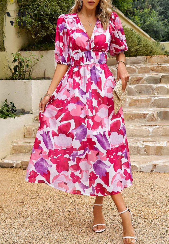 Simone | Floral Print V Neck Puff Sleeve Elastic Waist Formal Wedding Guest Midi Dress