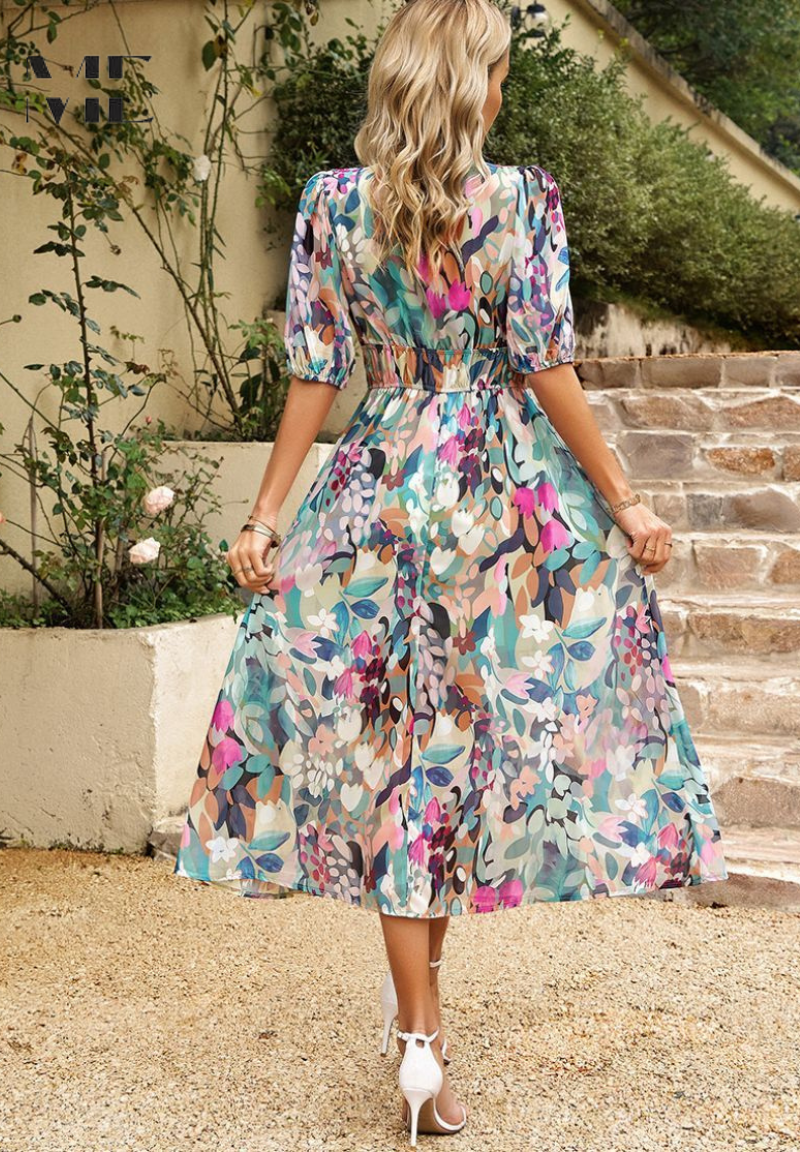 Simone | Floral Print V Neck Puff Sleeve Elastic Waist Formal Wedding Guest Midi Dress
