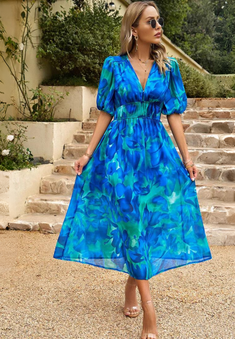 Simone | Floral Print V Neck Puff Sleeve Elastic Waist Formal Wedding Guest Midi Dress