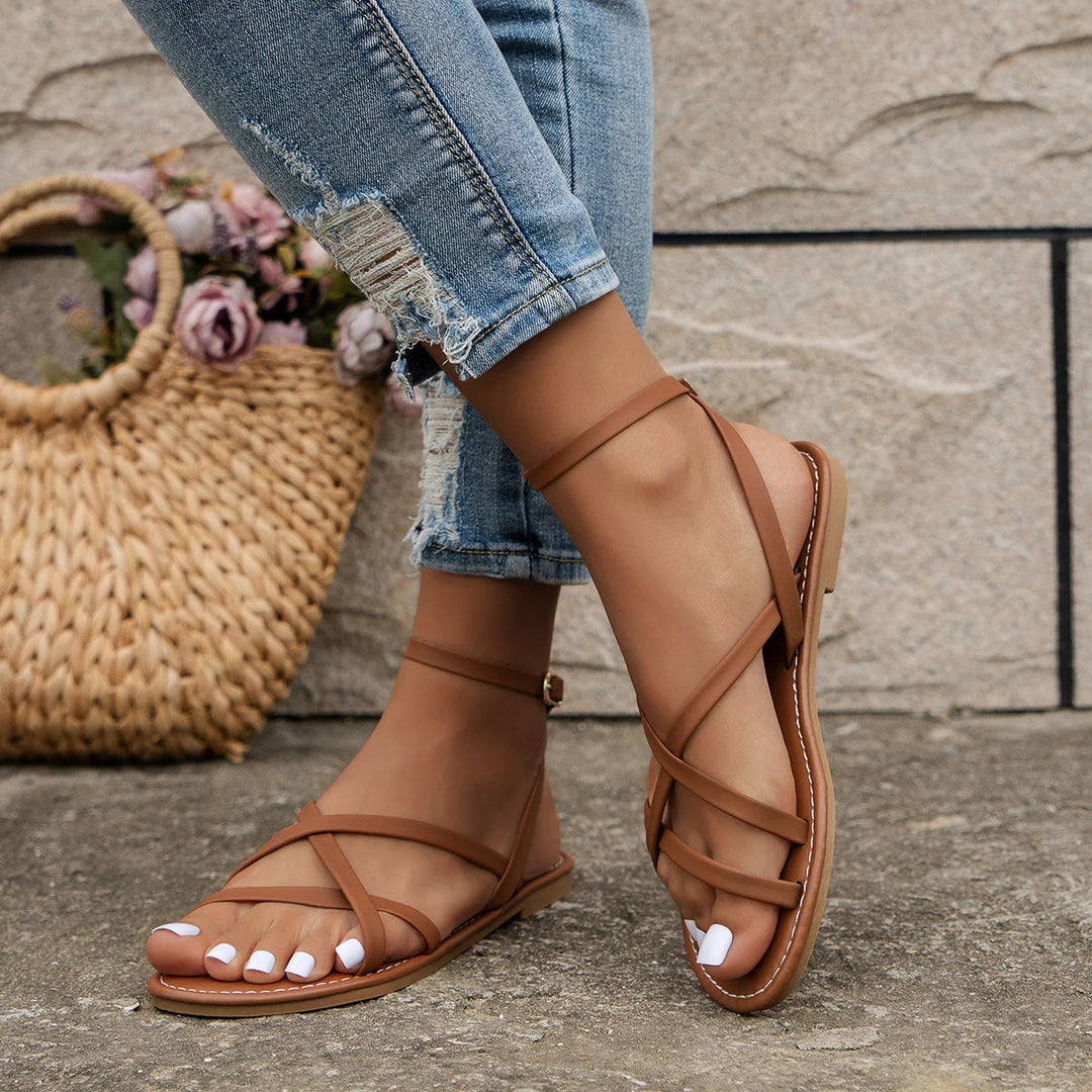 Freya | Multi Strap Toe Ring Ankle Wrap Flat Leather Sandals
