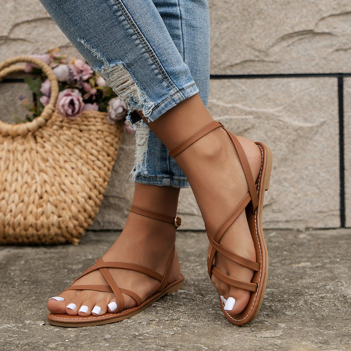 Freya | Multi Strap Toe Ring Ankle Wrap Flat Leather Sandals