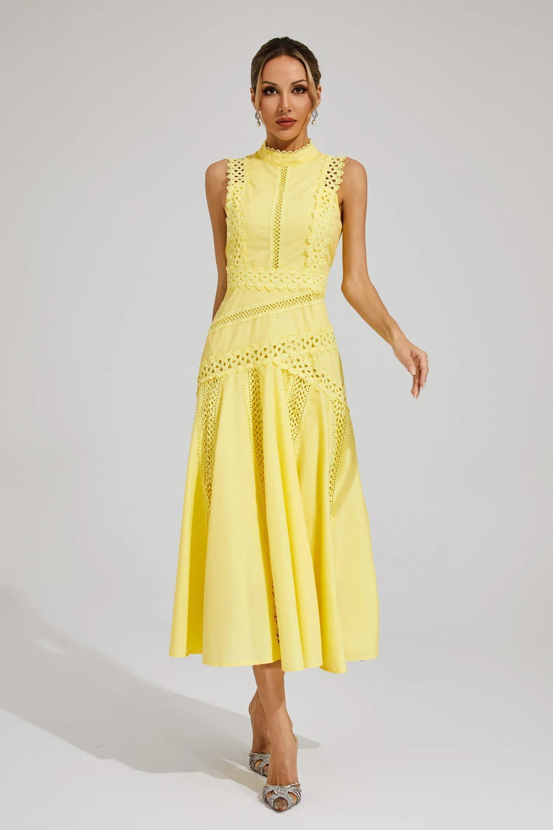 Elise | Lace Trim Mock Neck Sleeveless A Line Formal Wedding Guest Midi Dress