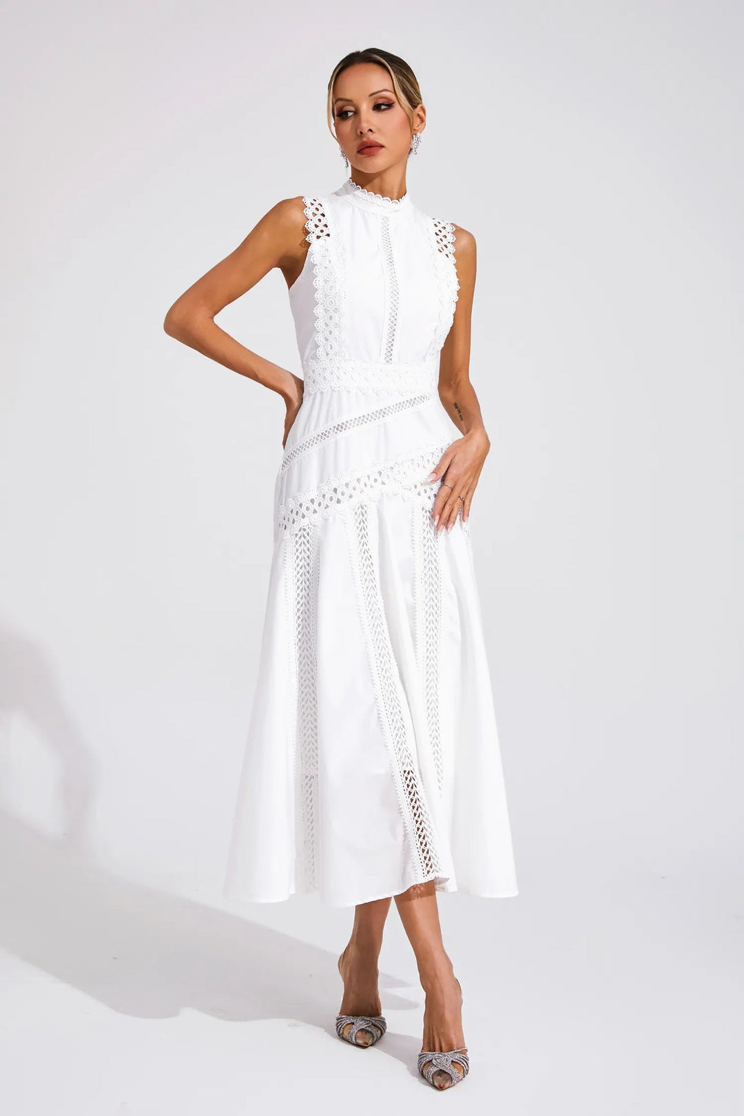 Elise | Lace Trim Mock Neck Sleeveless A Line Formal Wedding Guest Midi Dress