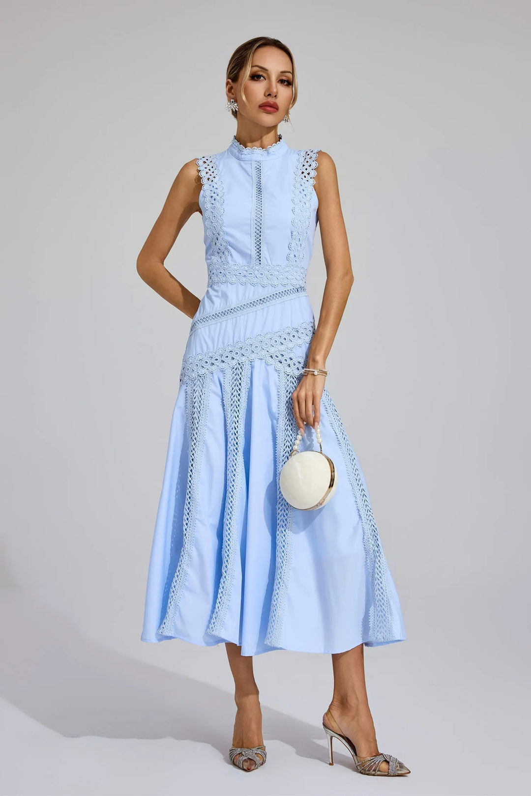 Elise | Lace Trim Mock Neck Sleeveless A Line Formal Wedding Guest Midi Dress