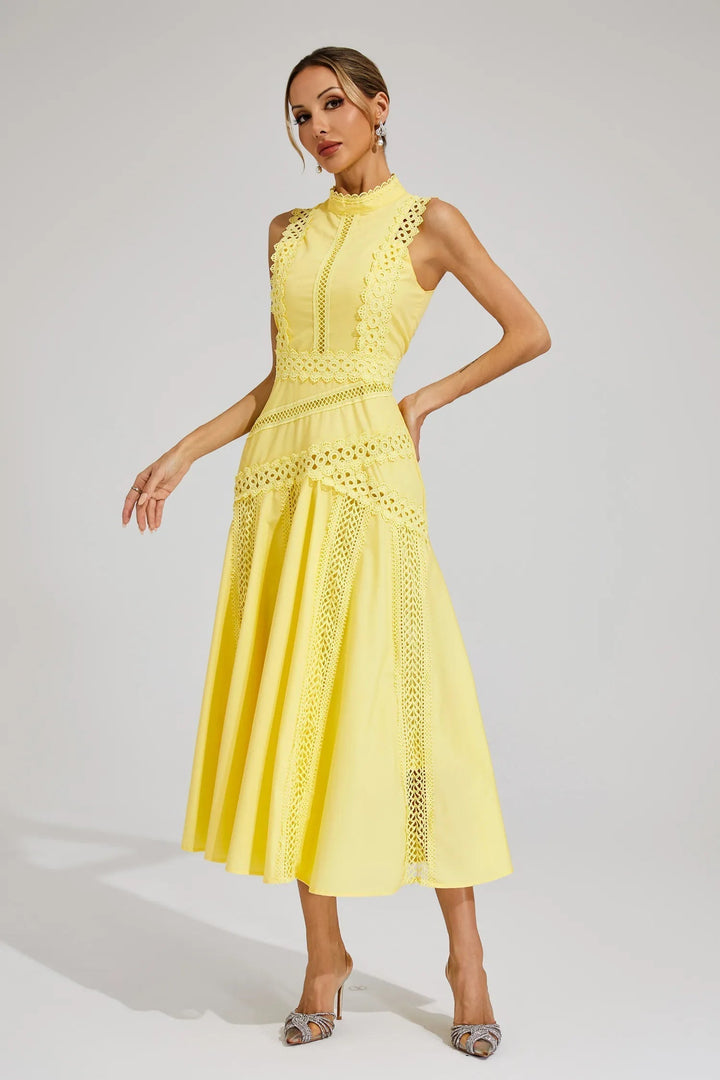Elise | Lace Trim Mock Neck Sleeveless A Line Formal Wedding Guest Midi Dress