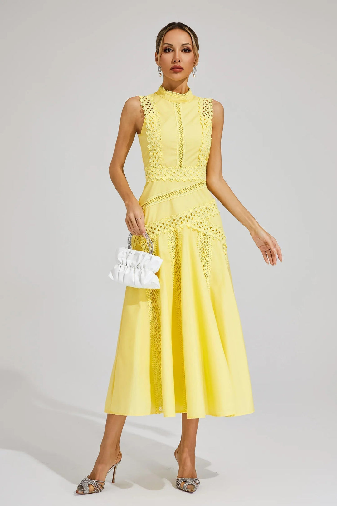 Elise | Lace Trim Mock Neck Sleeveless A Line Formal Wedding Guest Midi Dress