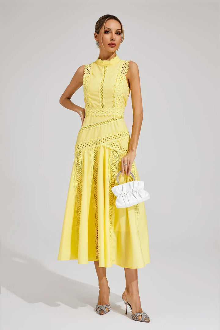 Elise | Lace Trim Mock Neck Sleeveless A Line Formal Wedding Guest Midi Dress