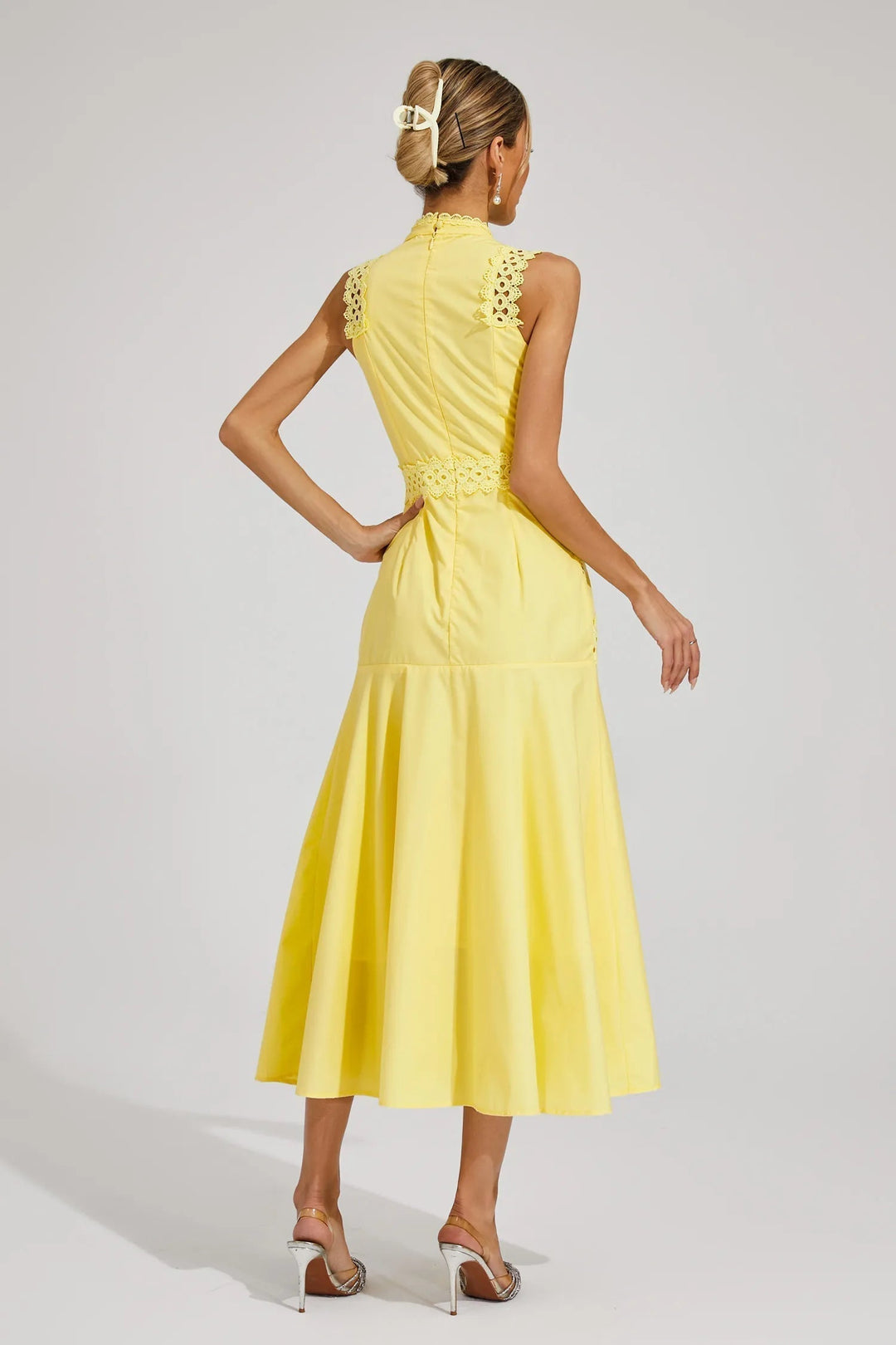 Elise | Lace Trim Mock Neck Sleeveless A Line Formal Wedding Guest Midi Dress