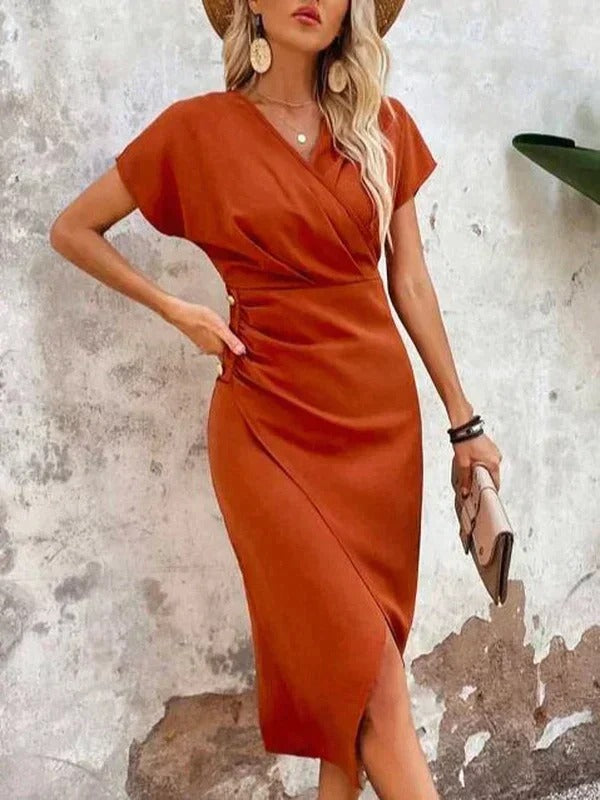 Dana | Orange Wrap V Neck Short Sleeve Ruched Slit Midi Dress