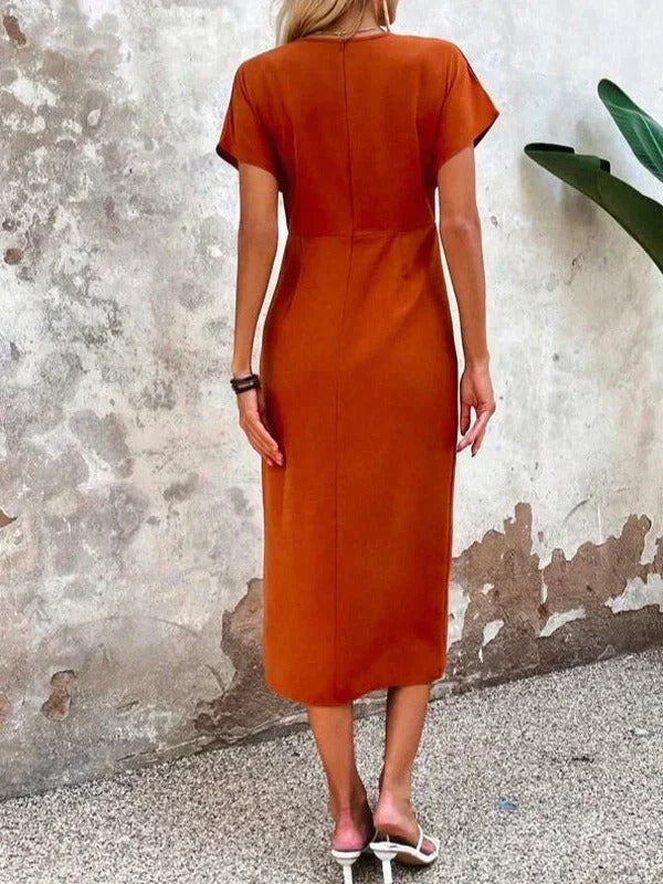 Dana | Orange Wrap V Neck Short Sleeve Ruched Slit Midi Dress