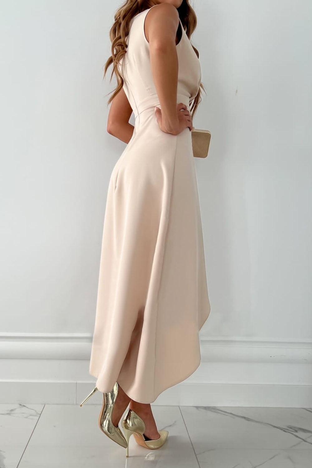 Thea | Beige Satin Wrap V Neck Asymmetric Ruffle Hem Midi Dress
