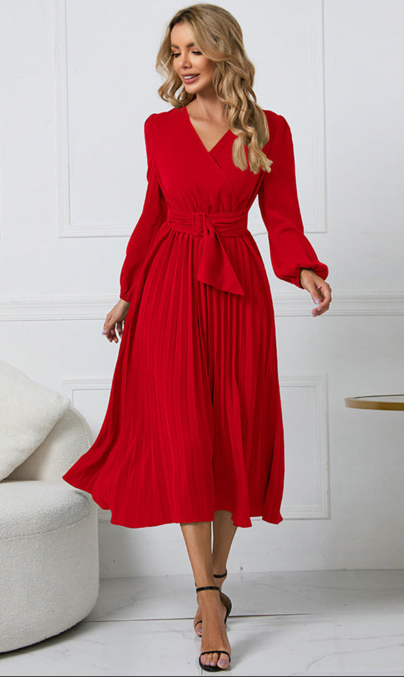 Vivienne | Wrap V Neck Balloon Sleeve Belted Pleated Formal Wedding Guest Midi Dress