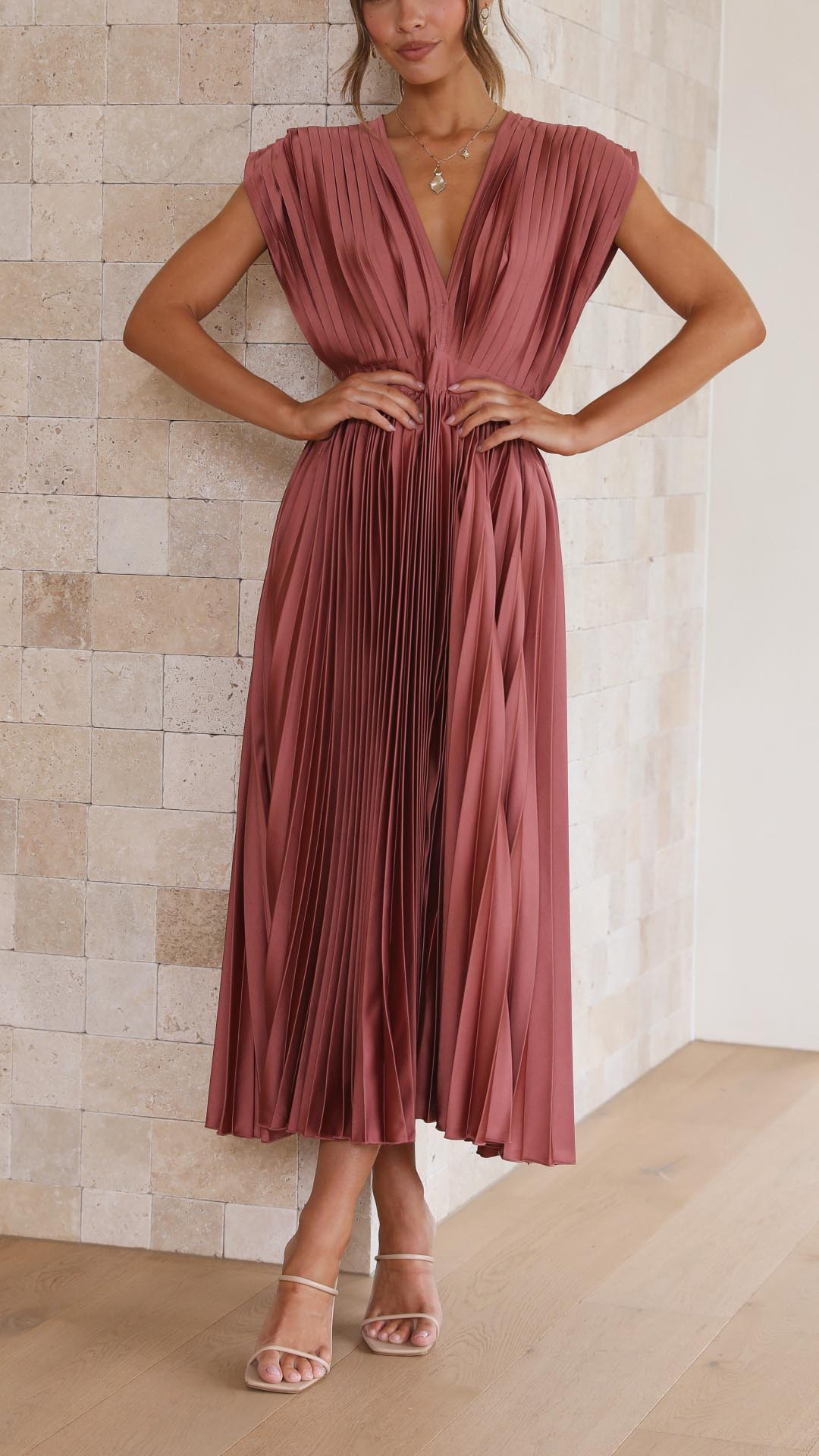 Luna | Deep V Neck Cap Sleeve Pleated Formal Wedding Guest Midi Dress