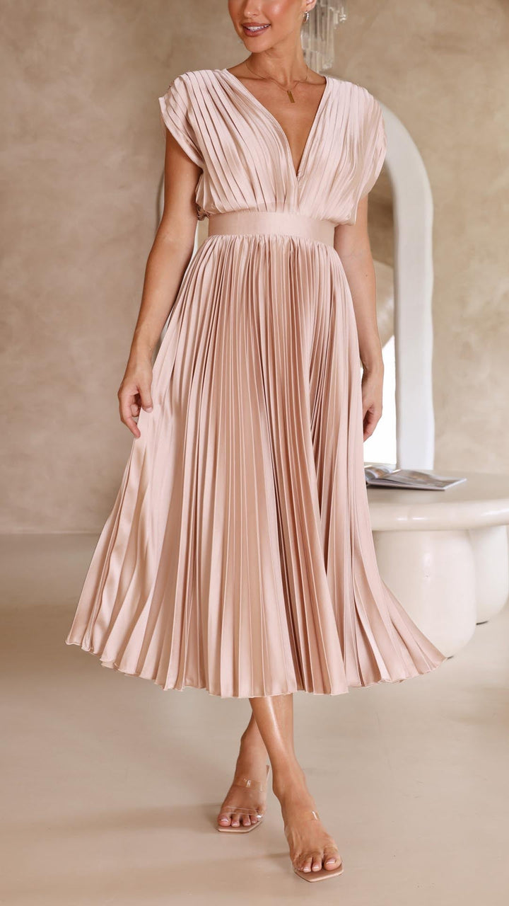 Luna | Deep V Neck Cap Sleeve Pleated Formal Wedding Guest Midi Dress