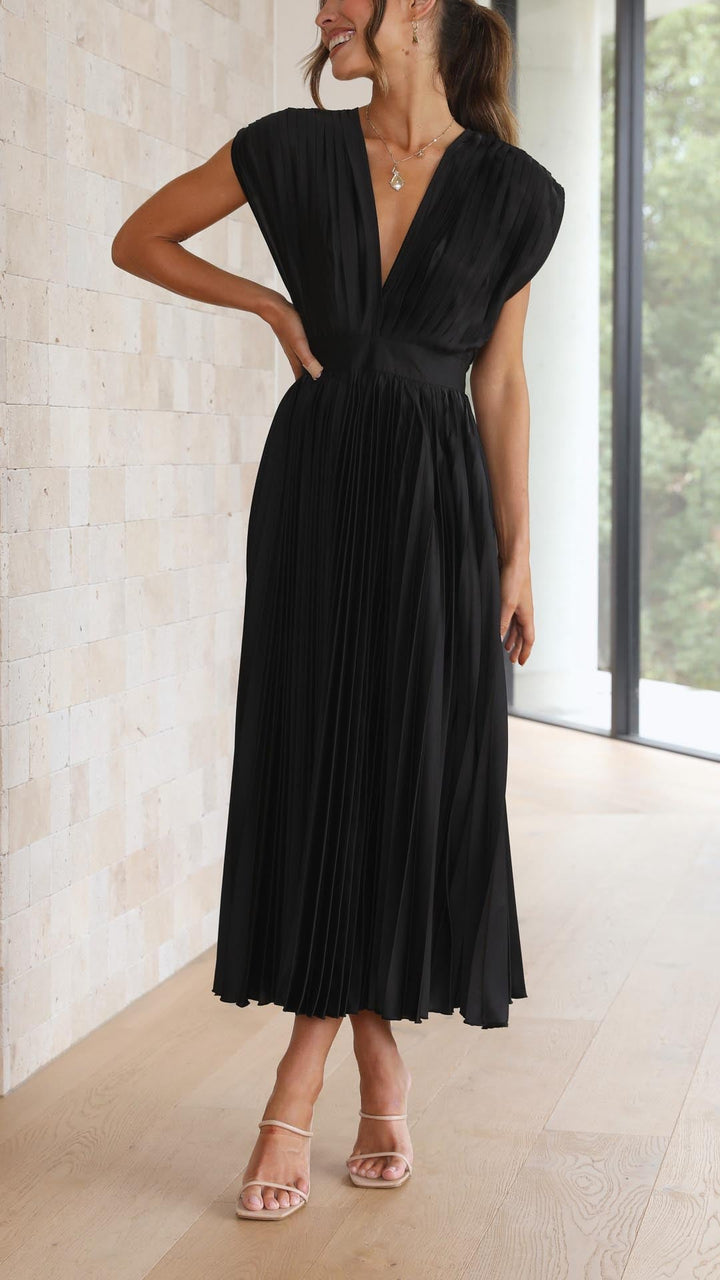 Luna | Deep V Neck Cap Sleeve Pleated Formal Wedding Guest Midi Dress
