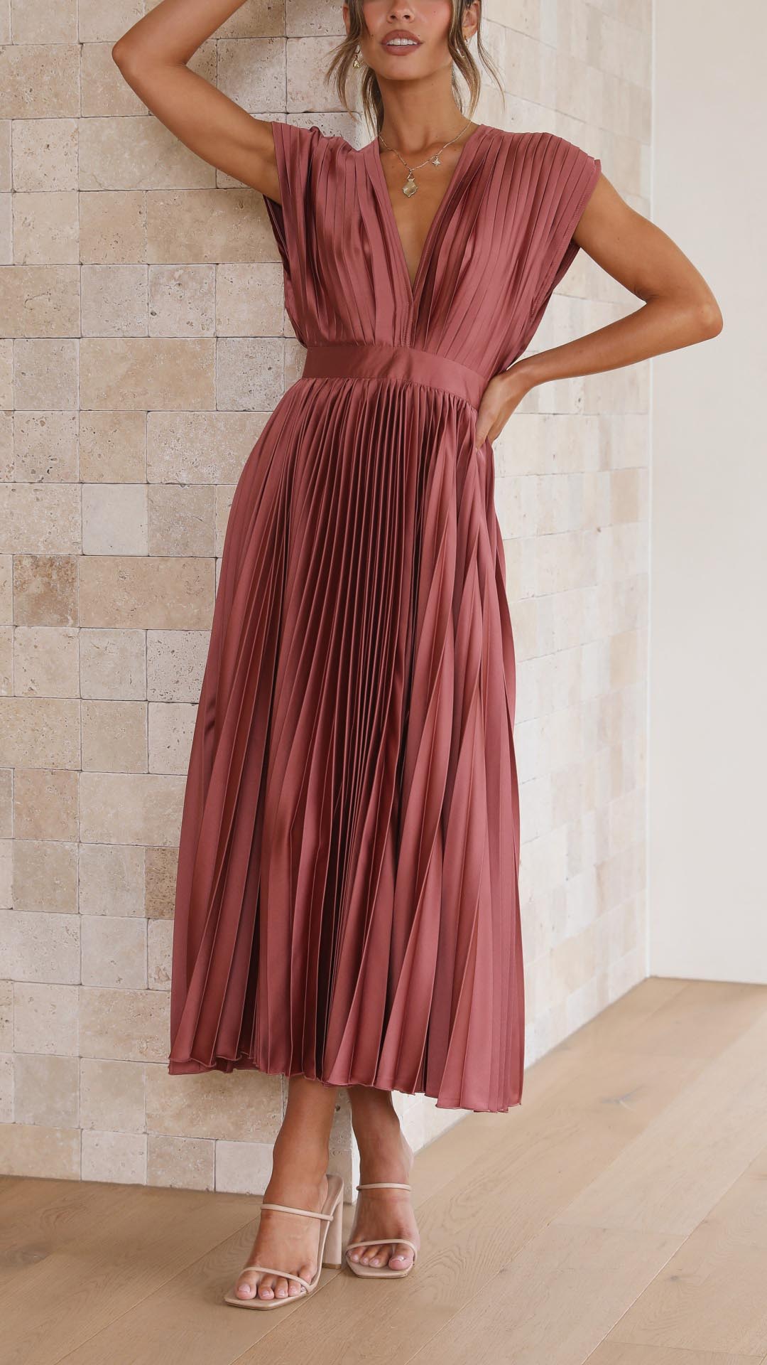 Luna | Deep V Neck Cap Sleeve Pleated Formal Wedding Guest Midi Dress