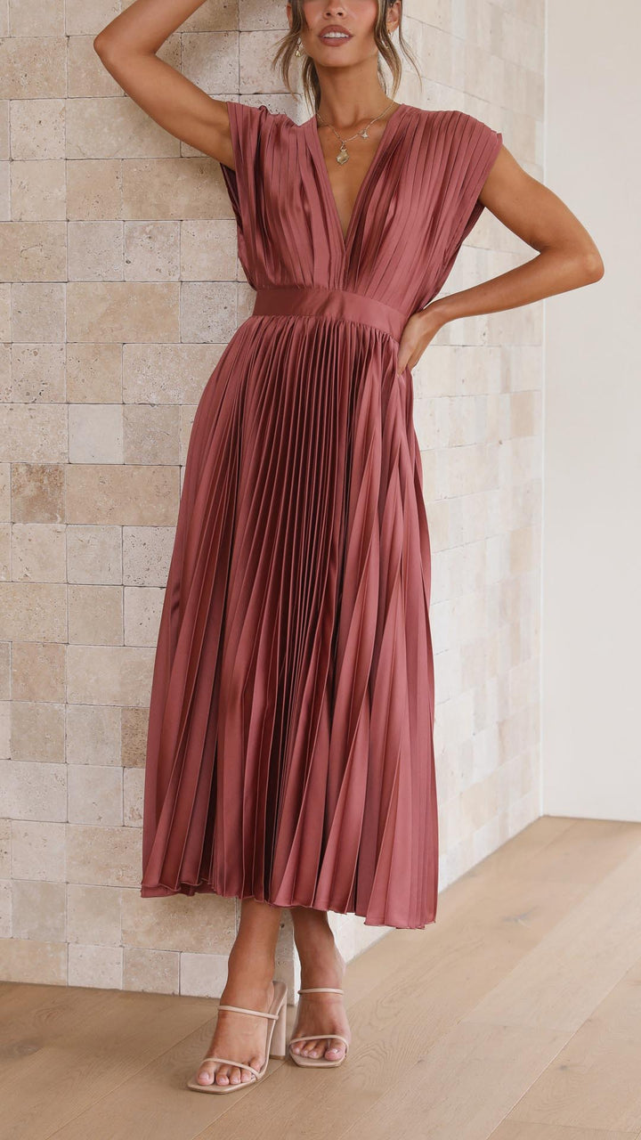 Luna | Deep V Neck Cap Sleeve Pleated Formal Wedding Guest Midi Dress