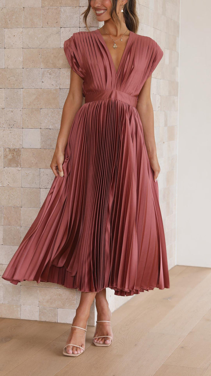 Luna | Deep V Neck Cap Sleeve Pleated Formal Wedding Guest Midi Dress