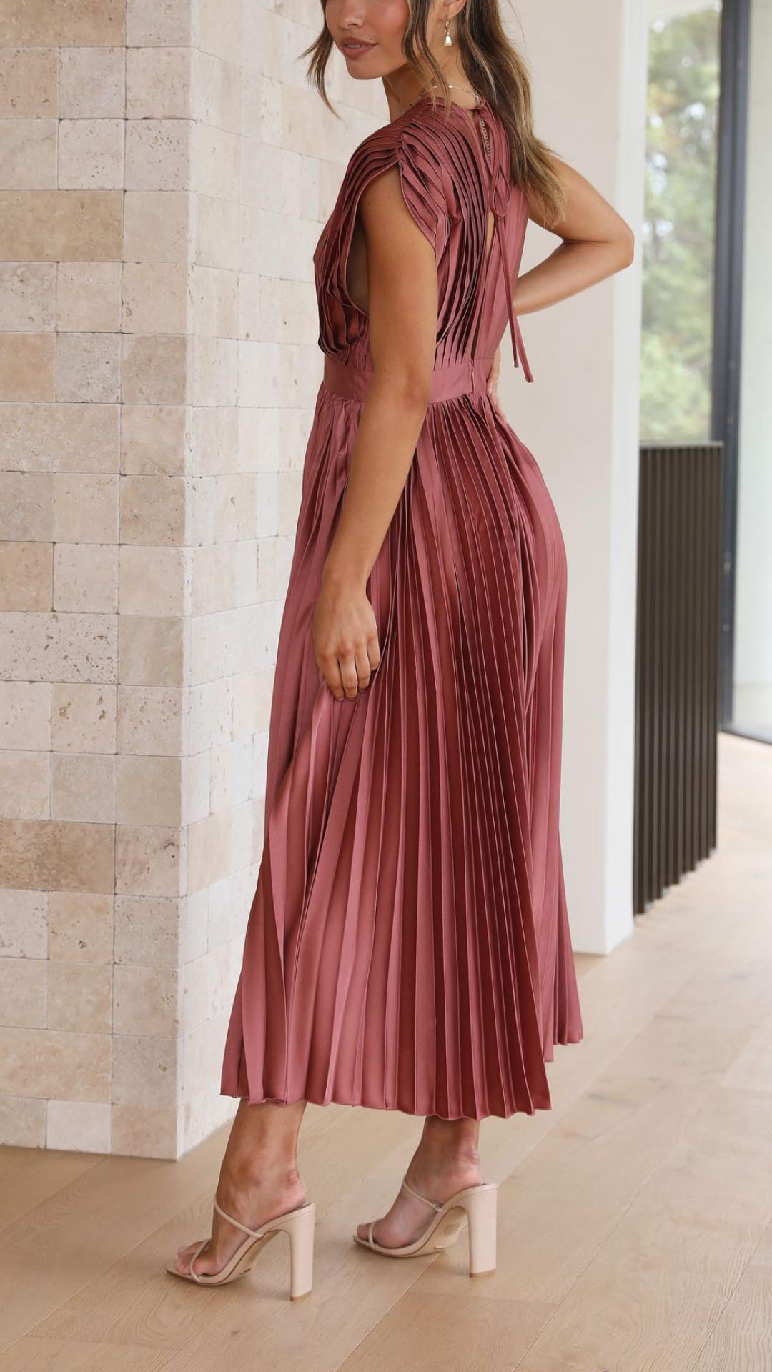 Luna | Deep V Neck Cap Sleeve Pleated Formal Wedding Guest Midi Dress