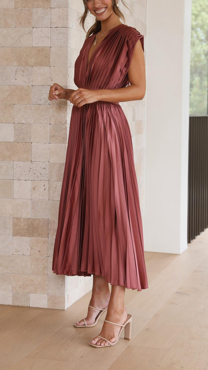 Luna | Deep V Neck Cap Sleeve Pleated Formal Wedding Guest Midi Dress