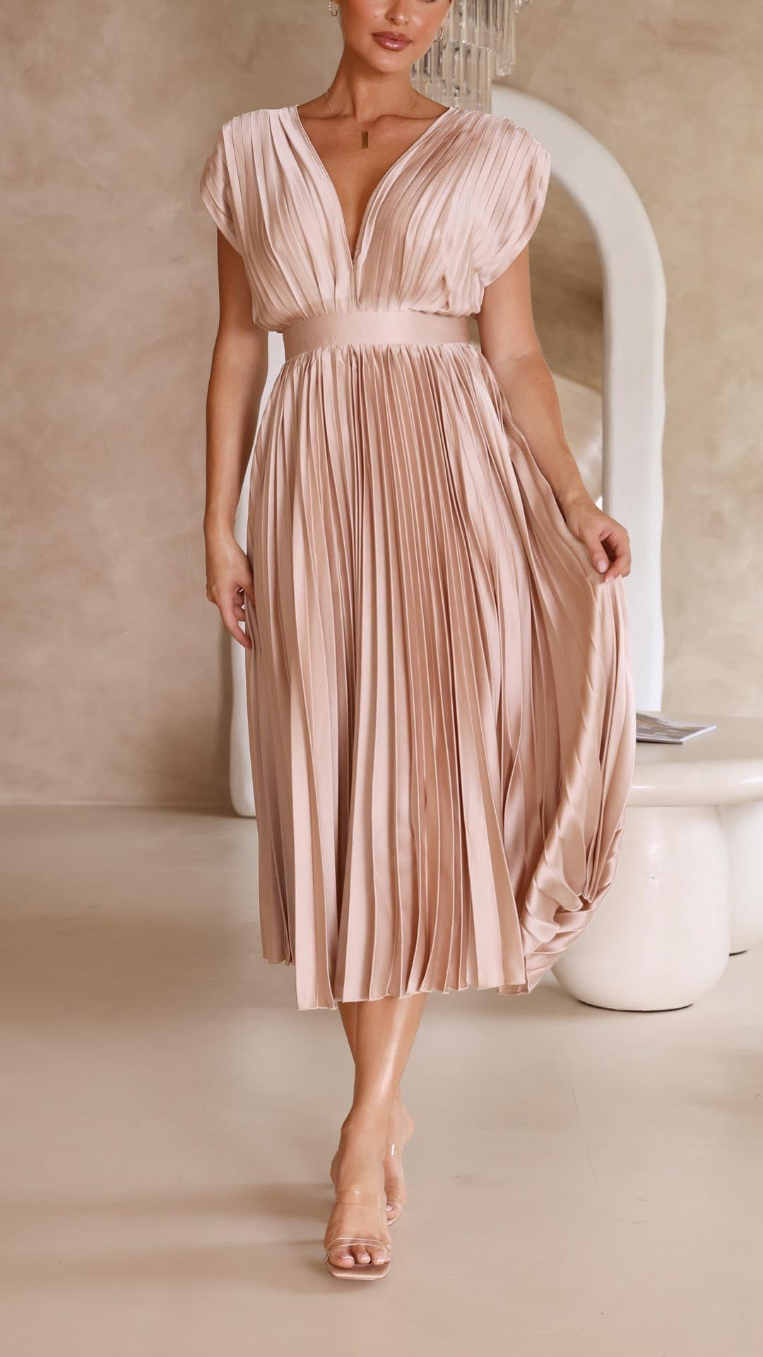 Luna | Deep V Neck Cap Sleeve Pleated Formal Wedding Guest Midi Dress