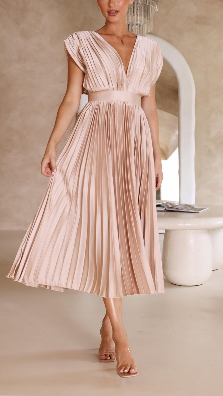 Luna | Deep V Neck Cap Sleeve Pleated Formal Wedding Guest Midi Dress