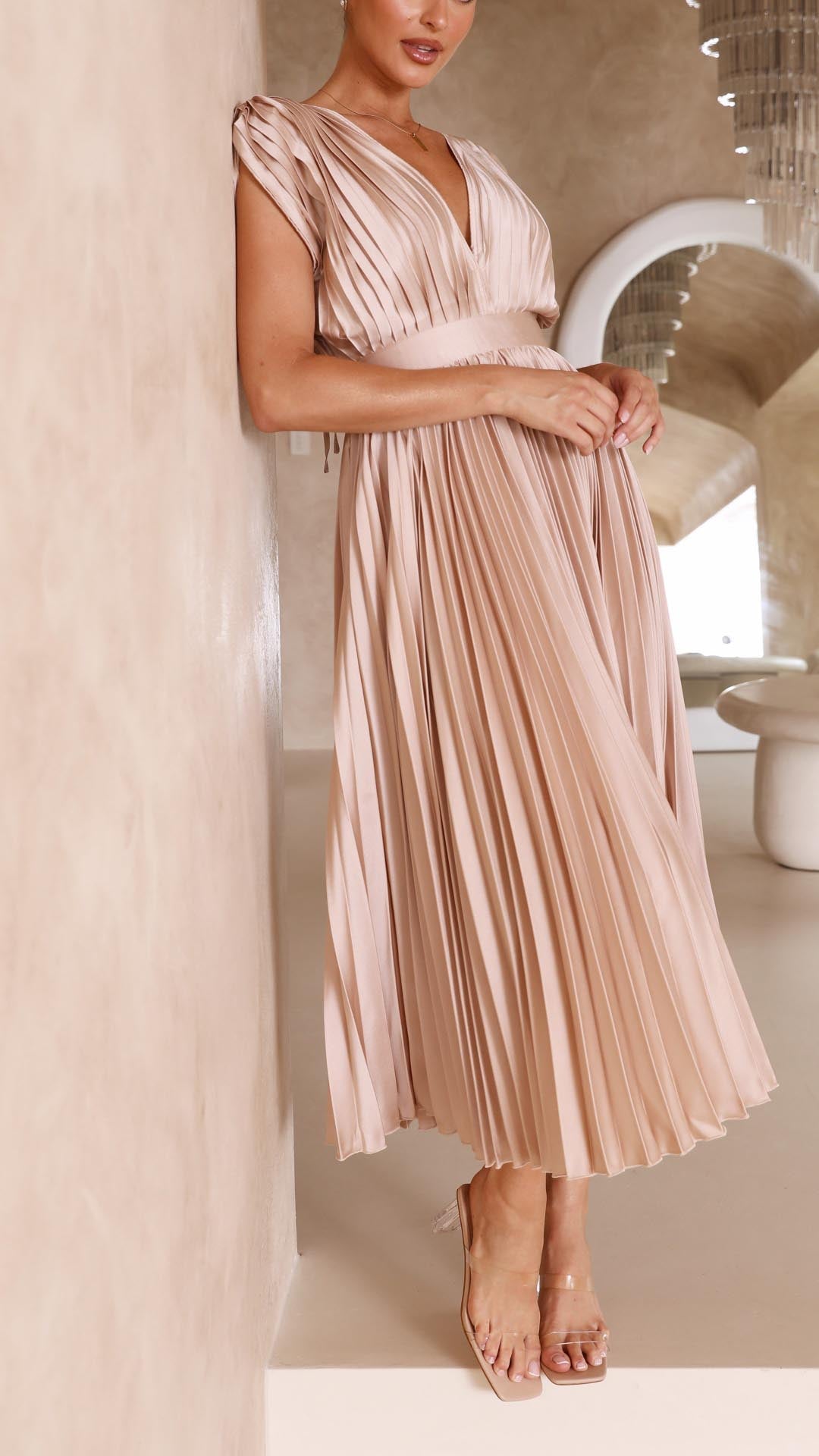 Luna | Deep V Neck Cap Sleeve Pleated Formal Wedding Guest Midi Dress