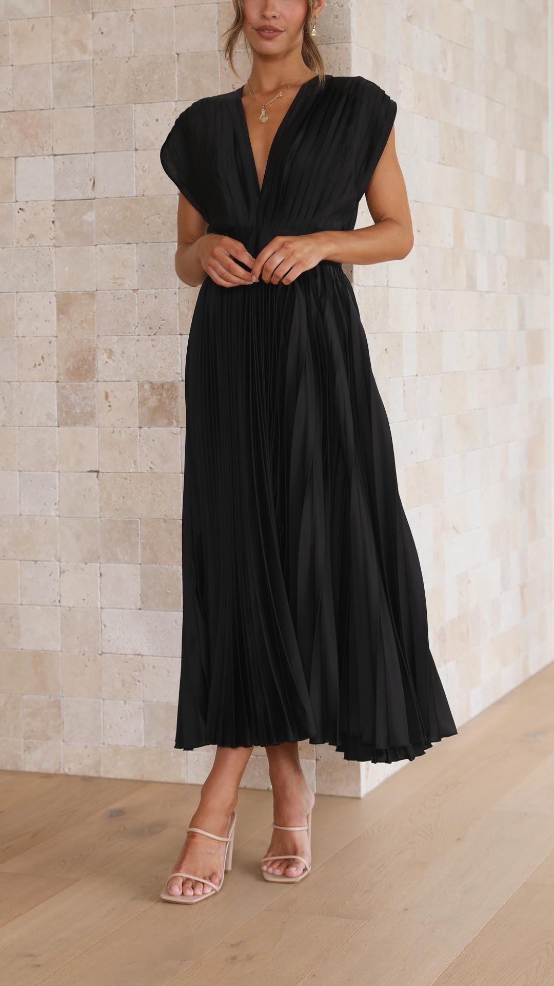 Luna | Deep V Neck Cap Sleeve Pleated Formal Wedding Guest Midi Dress